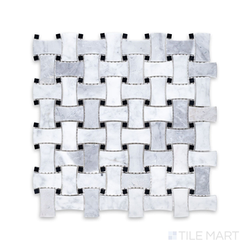 Complete view of White Carrara Marble dogbone basketweave honed mosaic featuring slim marble pieces woven into a refined matte basket pattern