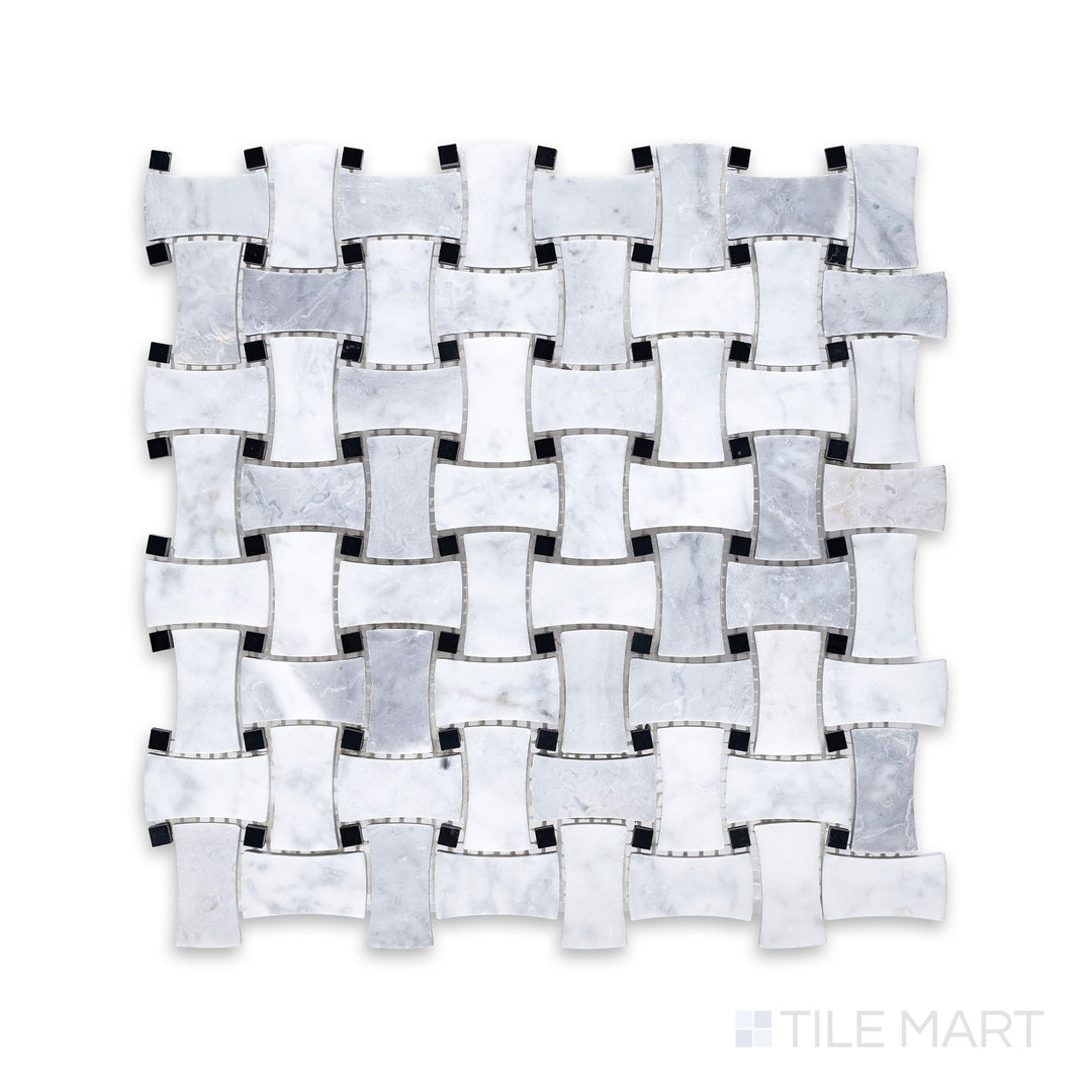 Complete view of White Carrara Marble dogbone basketweave honed mosaic featuring slim marble pieces woven into a refined matte basket pattern