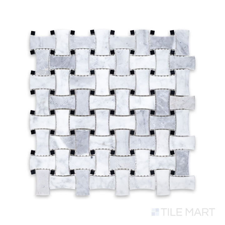 Complete view of White Carrara Marble dogbone basketweave honed mosaic featuring slim marble pieces woven into a refined matte basket pattern