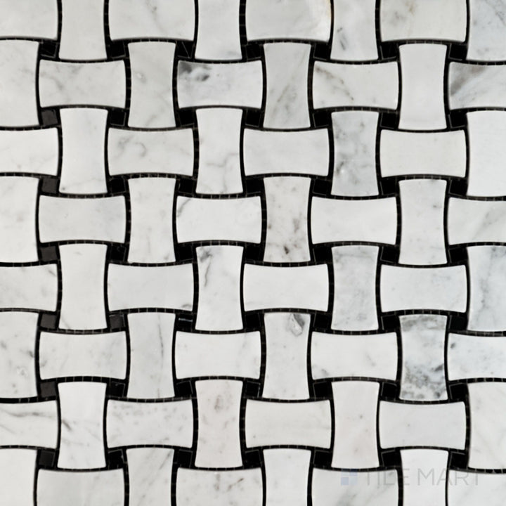 Top-down view of White Carrara Marble dogbone basketweave polished mosaic, highlighting sleek polished surfaces and classic basket pattern for walls and floors