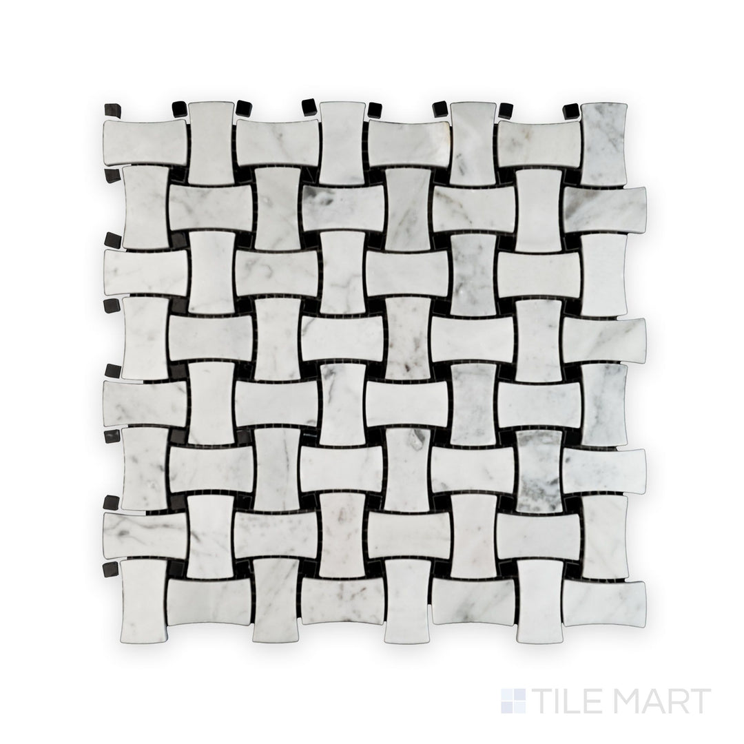 Mosaic display of White Carrara Marble dogbone basketweave polished mosaic featuring glossy marble tiles arranged in a stylish woven pattern