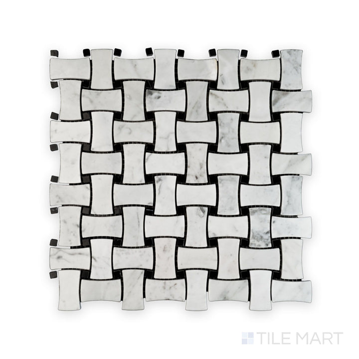Mosaic display of White Carrara Marble dogbone basketweave polished mosaic featuring glossy marble tiles arranged in a stylish woven pattern