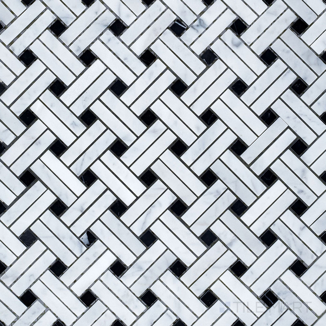 Overhead shot of White Carrara Marble Stanza with Negro Marquina honed mosaic, combining natural marble textures with deep grey accents in a flat layout