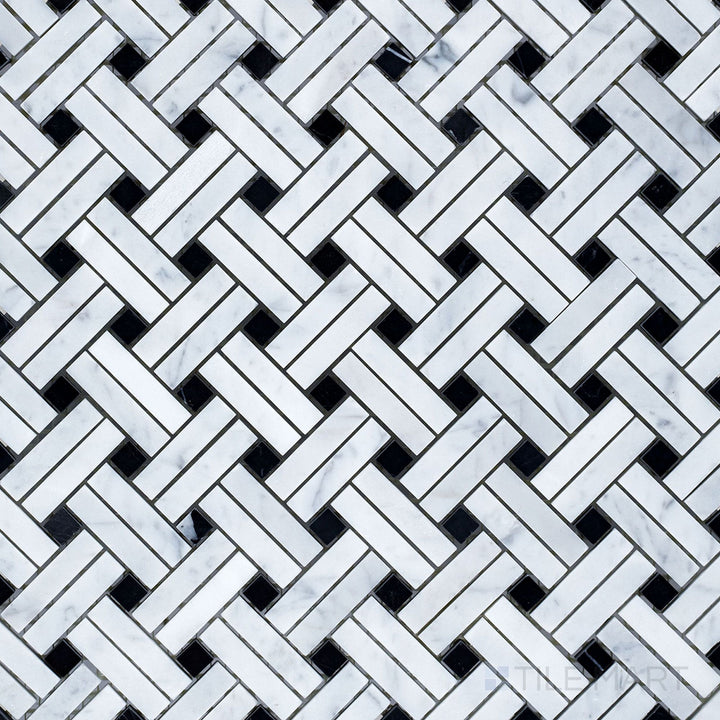 Overhead shot of White Carrara Marble Stanza with Negro Marquina honed mosaic, combining natural marble textures with deep grey accents in a flat layout