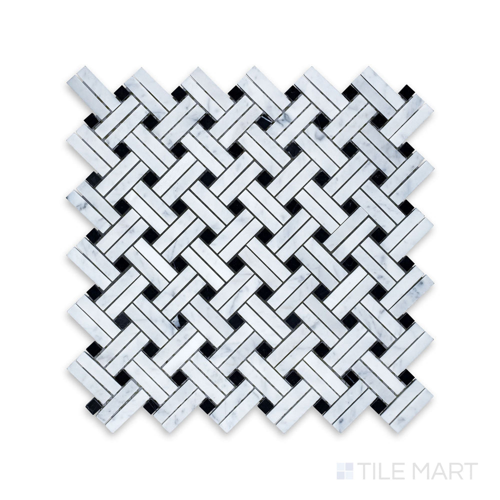 Sheet view of White Carrara Marble Stanza with Negro Marquina honed mosaic featuring matte marble tiles in an elegant black and white grid