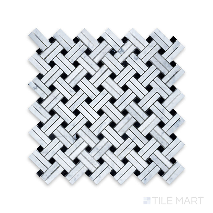 Sheet view of White Carrara Marble Stanza with Negro Marquina honed mosaic featuring matte marble tiles in an elegant black and white grid