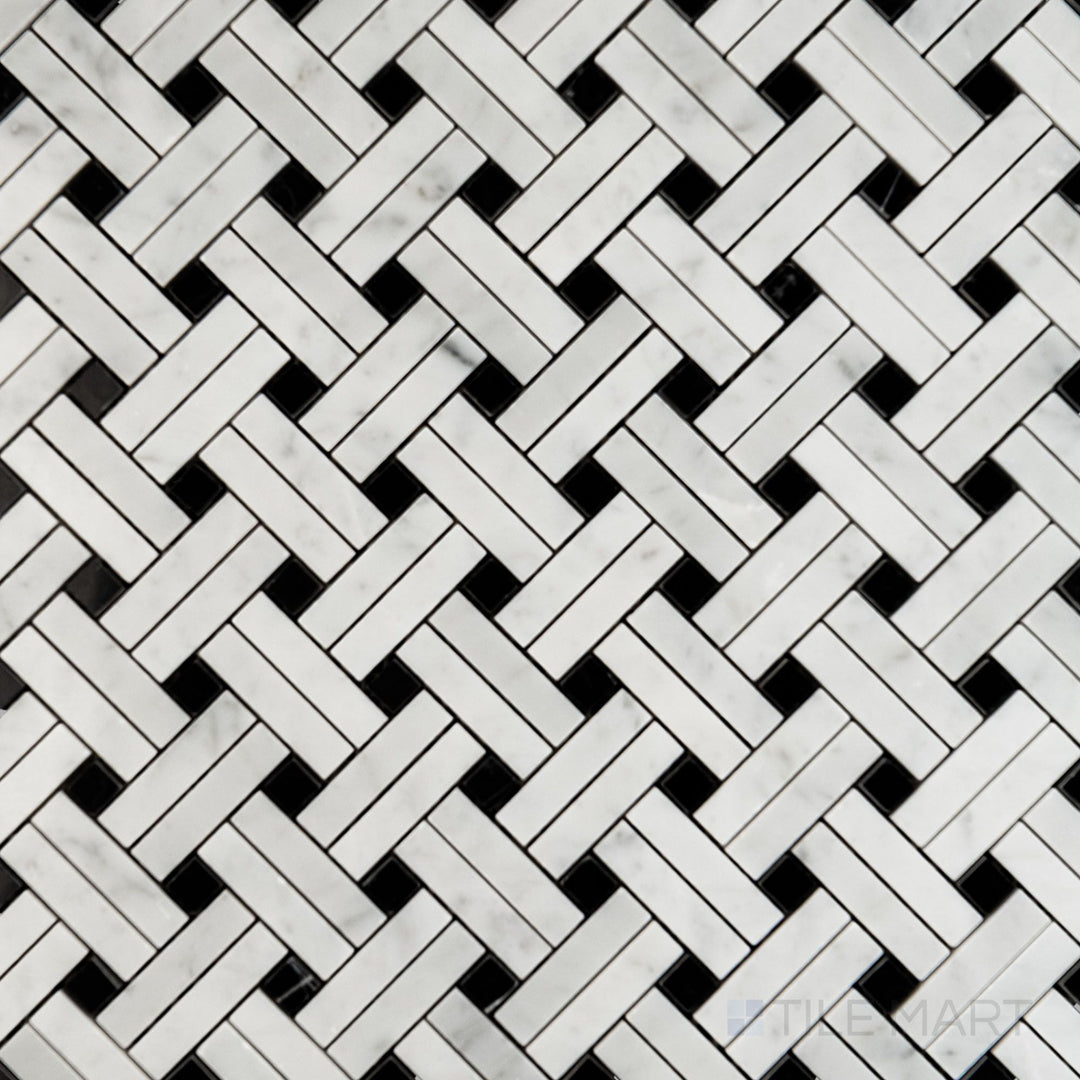 Flat overhead image of White Carrara Marble Stanza with Negro Marquina polished mosaic, showcasing vivid contrast and refined glossy finish