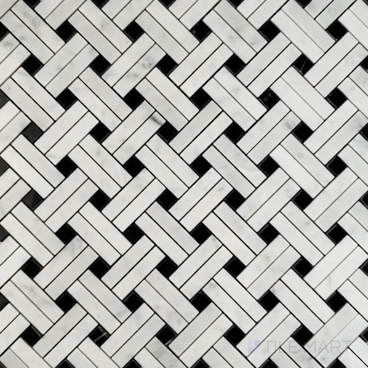 Flat overhead image of White Carrara Marble Stanza with Negro Marquina polished mosaic, showcasing vivid contrast and refined glossy finish