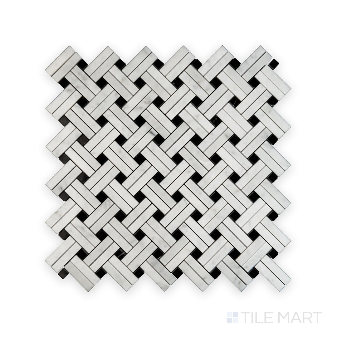 Full shot of White Carrara Marble Stanza with Negro Marquina polished mosaic showcasing contrasting polished marble tiles in a checker layout