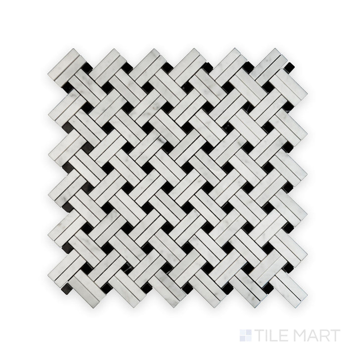 Full shot of White Carrara Marble Stanza with Negro Marquina polished mosaic showcasing contrasting polished marble tiles in a checker layout