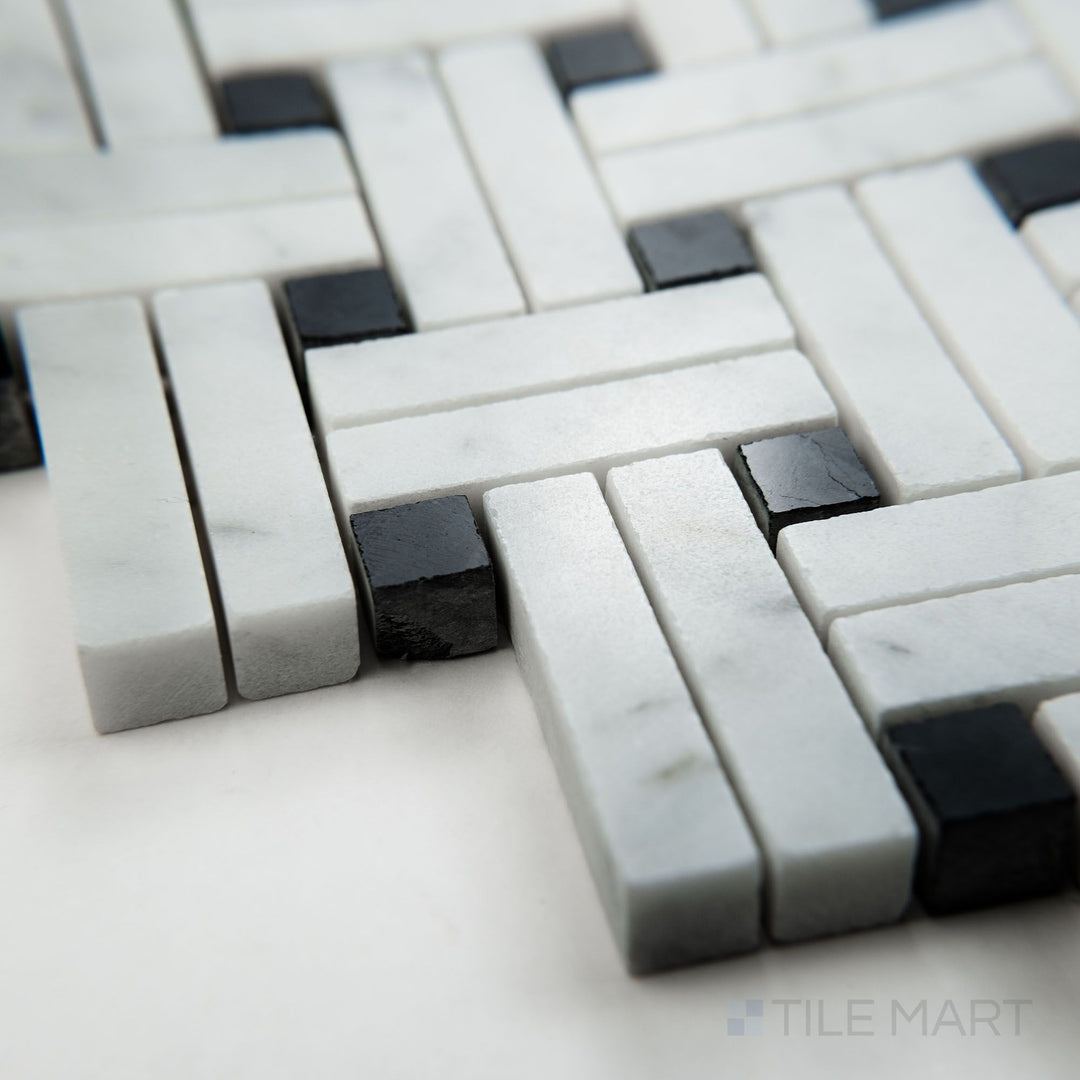 Tile corner display of White Carrara Marble stanza with Negro Marquina polished mosaic highlighting polished marble with bold black accents