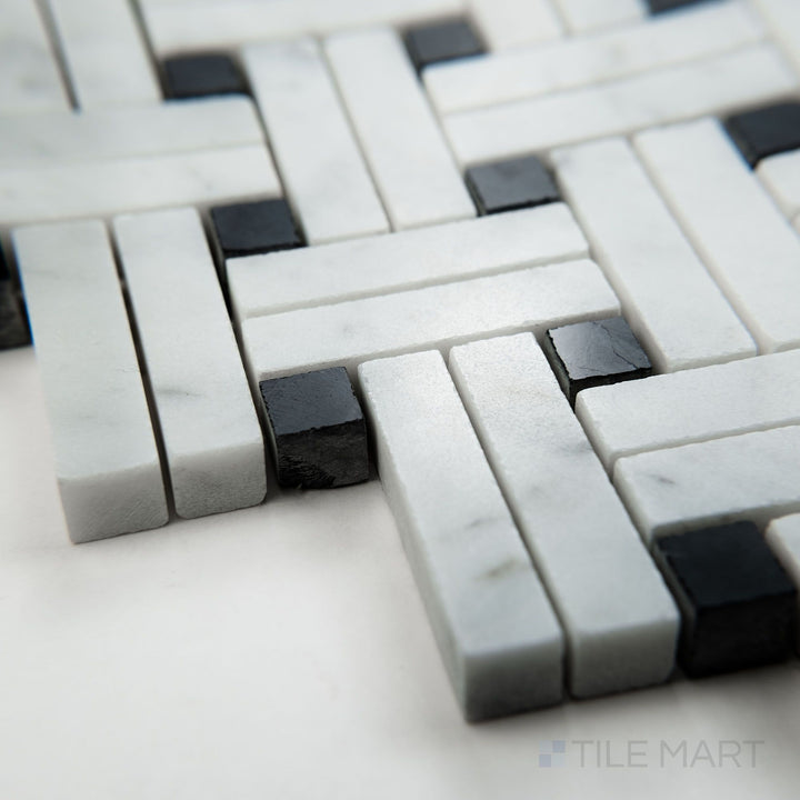 Tile corner display of White Carrara Marble stanza with Negro Marquina polished mosaic highlighting polished marble with bold black accents