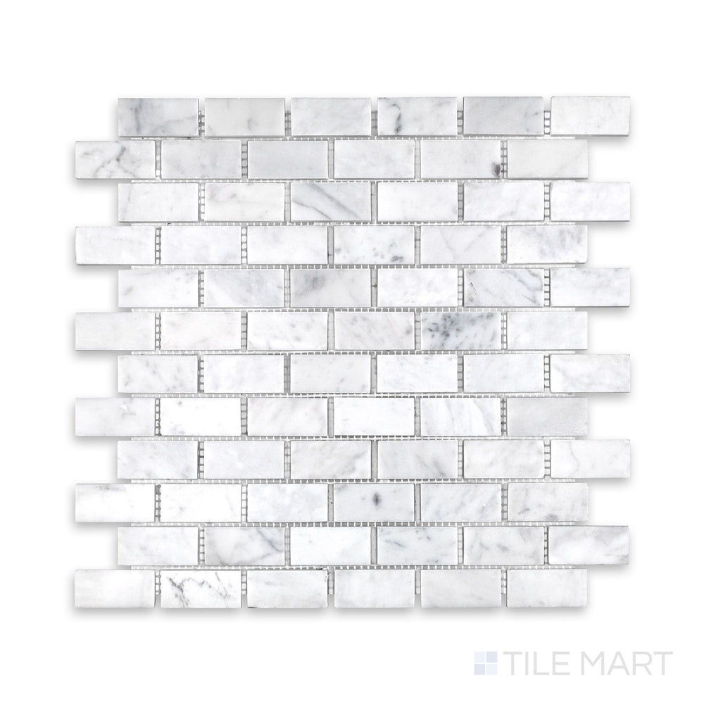 Product layout of White Carrara Marble 1x2 brick honed mosaic featuring small matte marble rectangles arranged in a neat linear pattern