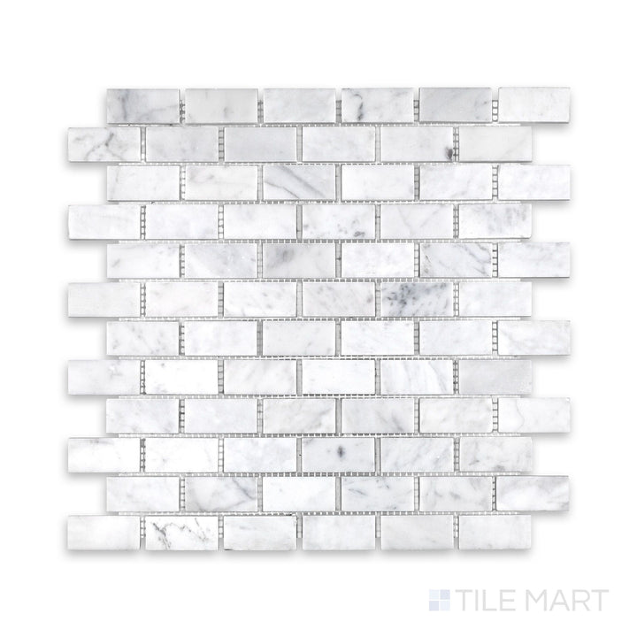 Product layout of White Carrara Marble 1x2 brick honed mosaic featuring small matte marble rectangles arranged in a neat linear pattern