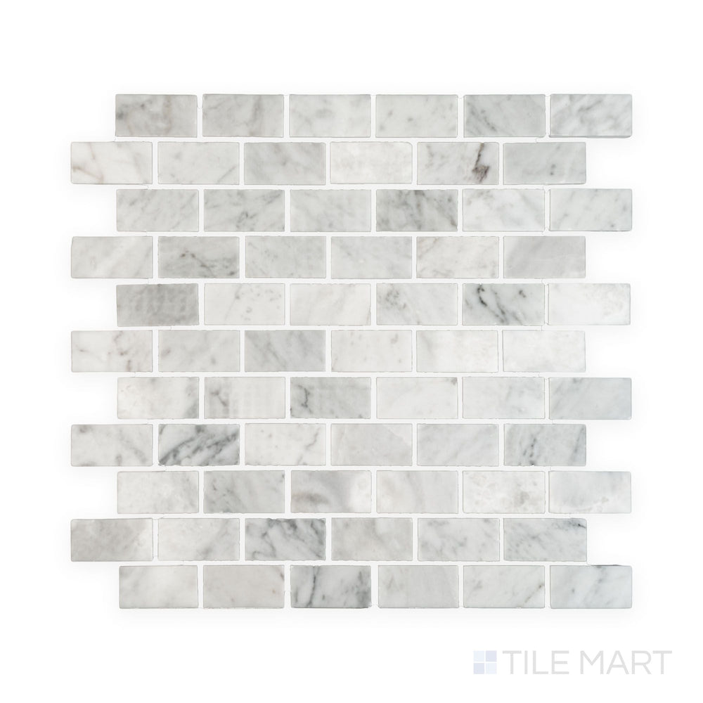 Complete view of White Carrara Marble 1x2 brick polished mosaic showing sleek polished marble bricks with a clean structured layout