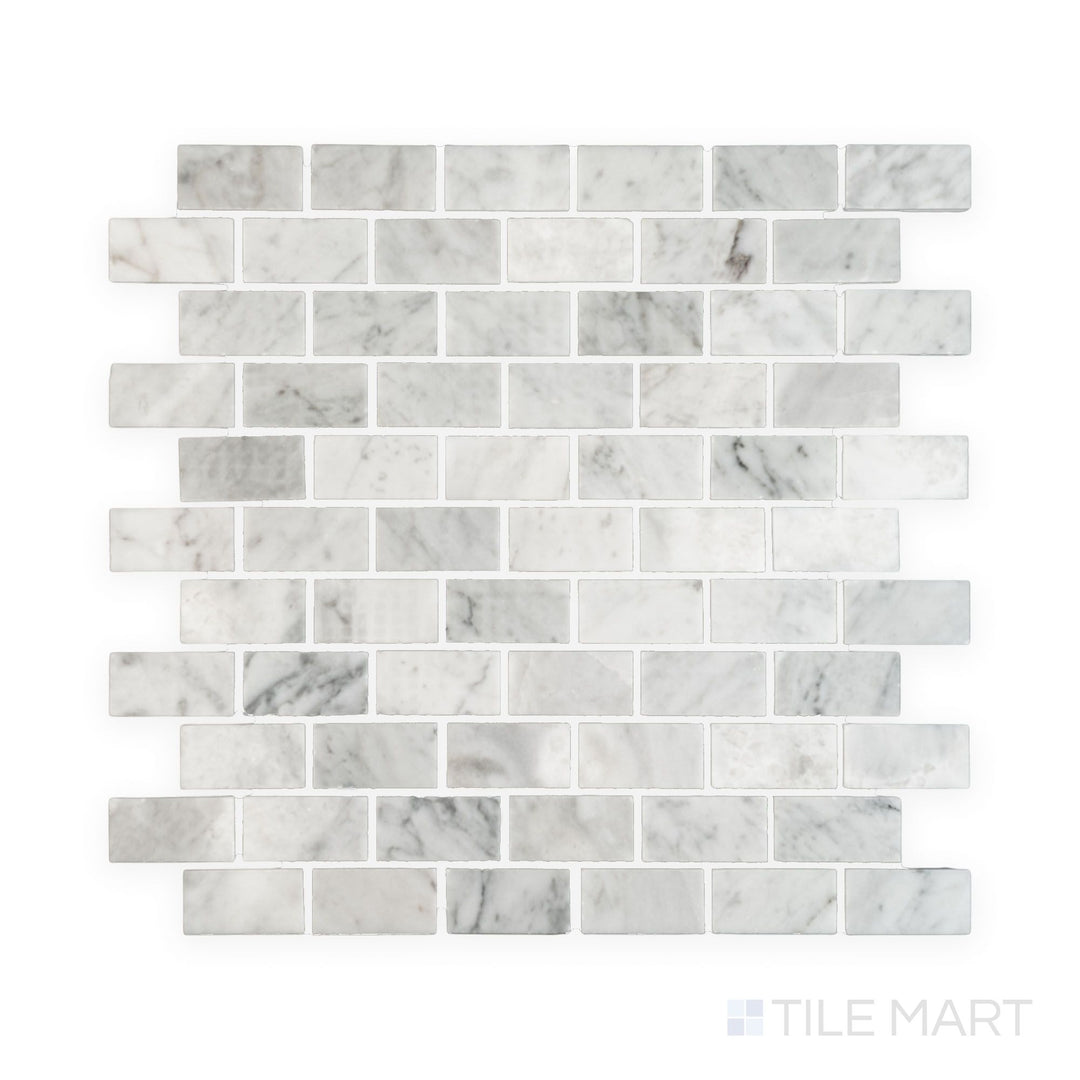 Complete view of White Carrara Marble 1x2 brick polished mosaic showing sleek polished marble bricks with a clean structured layout