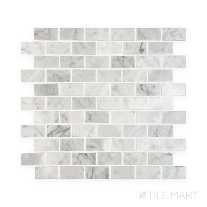 Complete view of White Carrara Marble 1x2 brick polished mosaic showing sleek polished marble bricks with a clean structured layout