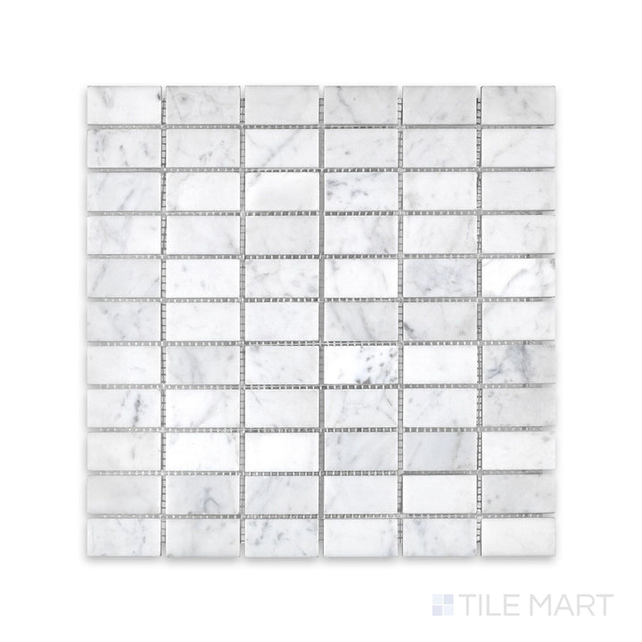 Overhead view of White Carrara Marble stacked polished mosaic, featuring narrow rectangular white marble pieces stacked horizontally in a clean, modern layout with polished finish.