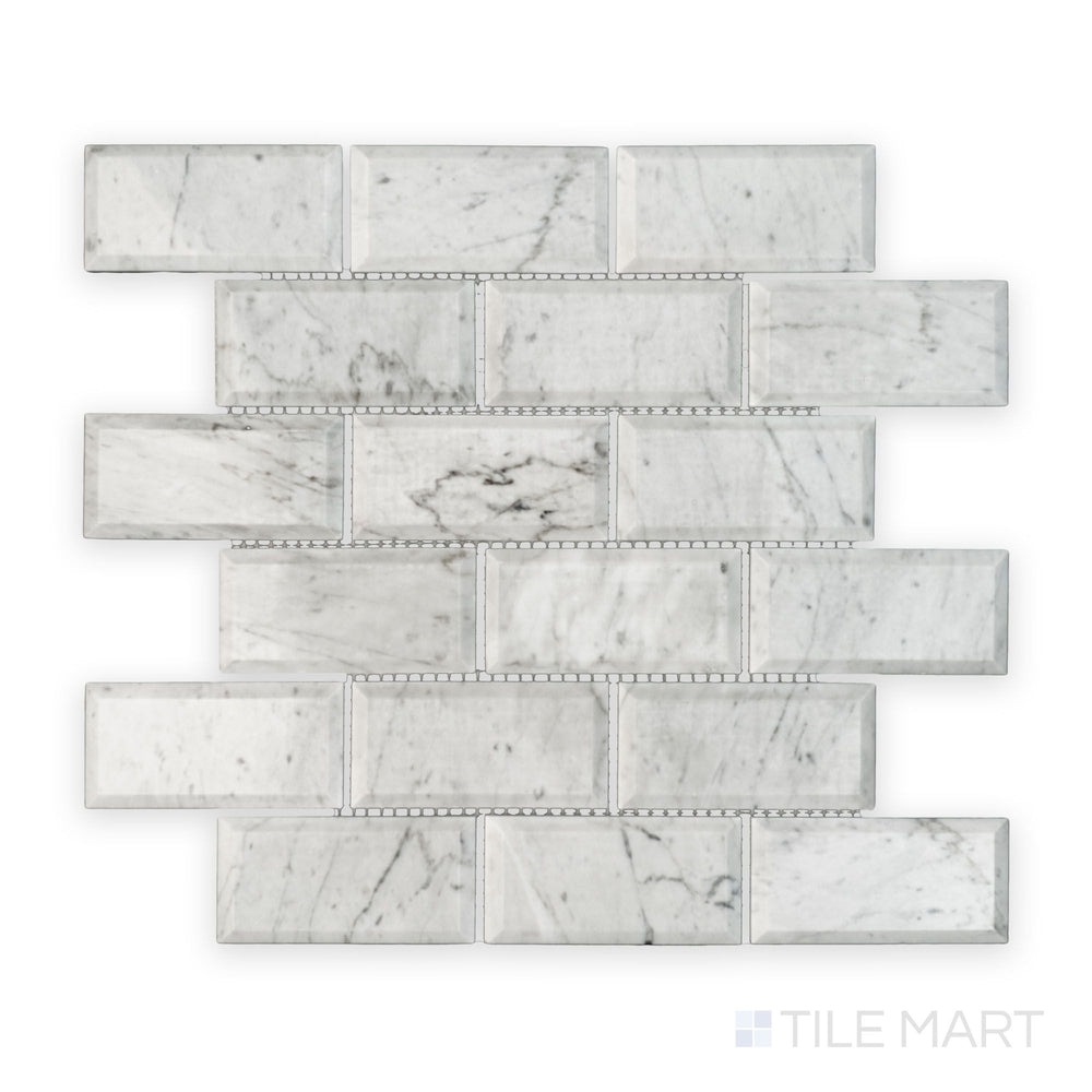 Tile showcase of White Carrara Marble 2x4 brick beveled polished mosaic highlighting glossy marble bricks with beveled edges for a modern look