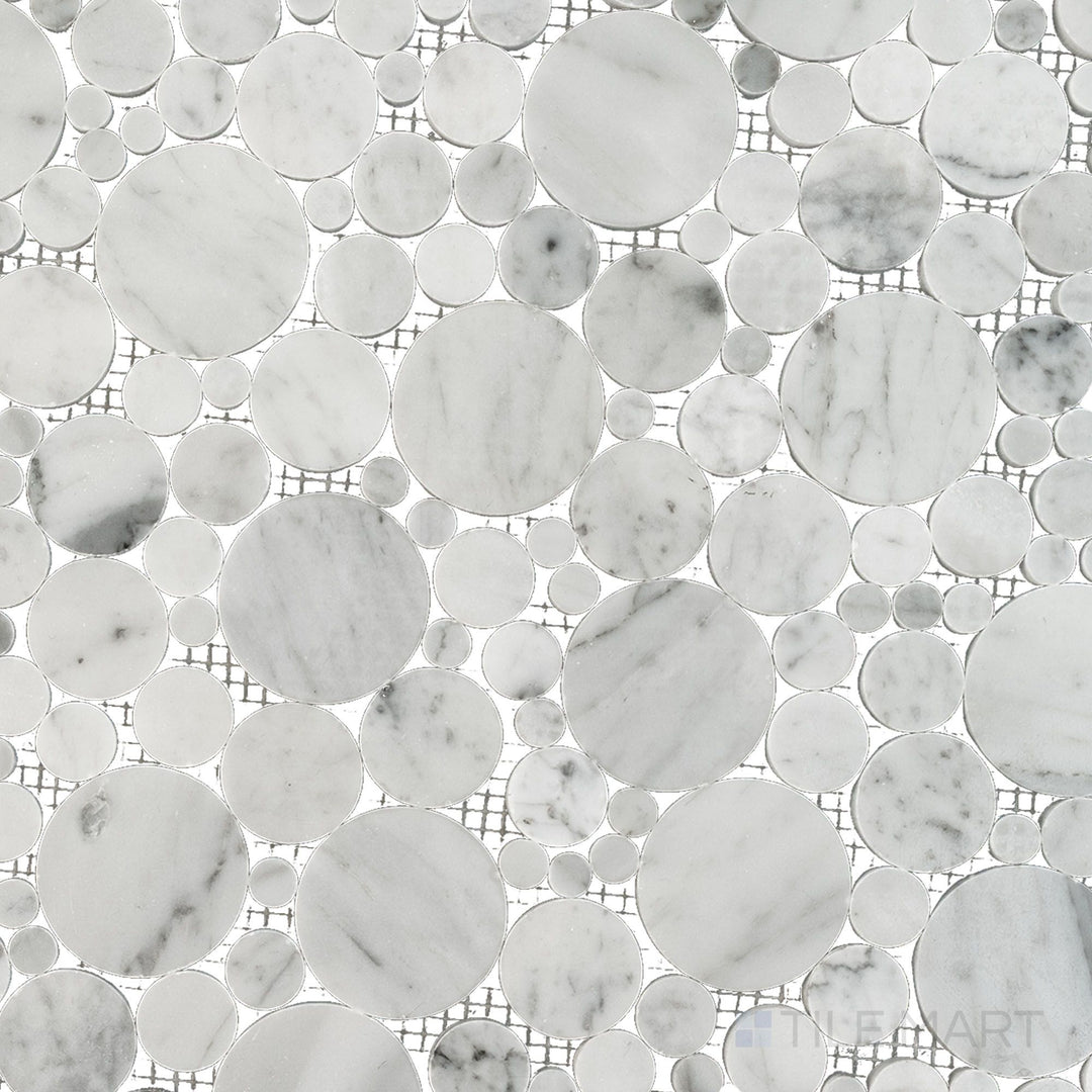 Overhead perspective of White Carrara Marble bubble polished mosaic with glossy round marble tiles, ideal for unique, artistic wall or floor designs
