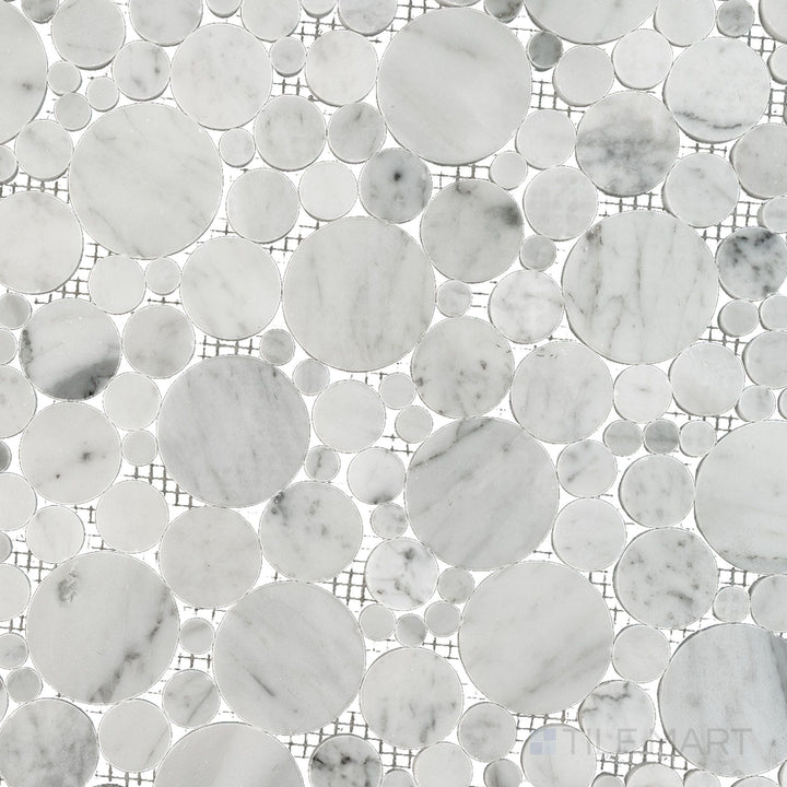 Overhead perspective of White Carrara Marble bubble polished mosaic with glossy round marble tiles, ideal for unique, artistic wall or floor designs