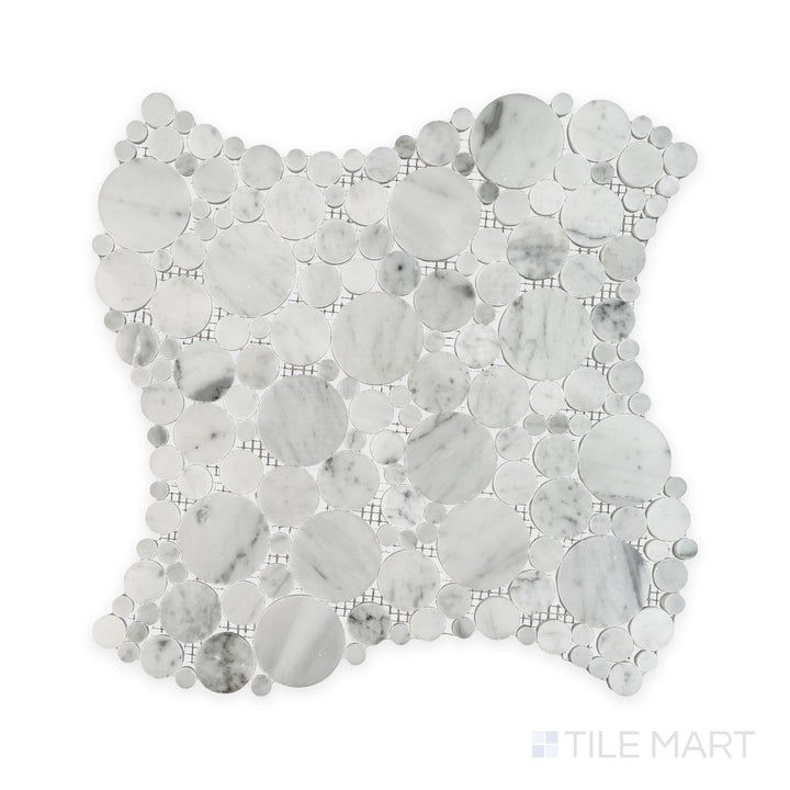 Full shot of White Carrara Marble bubble polished mosaic showing glossy round marble pieces laid in a lively, modern pattern