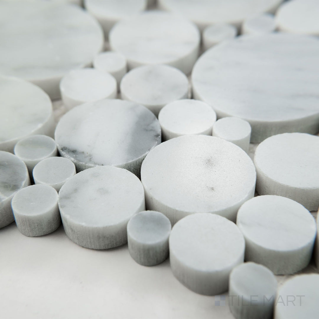 Corner view of White Carrara Marble bubble polished mosaic featuring glossy marble circles for a bright and elegant design