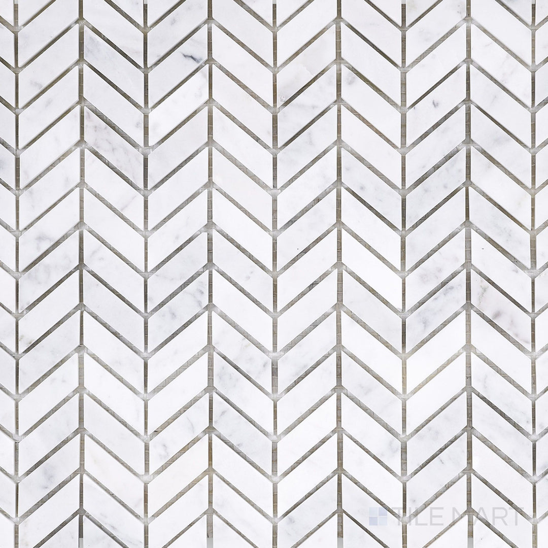Top-down view of White Carrara Marble mini chevron polished mosaic, featuring sleek small zigzag patterns with a bright reflective surface