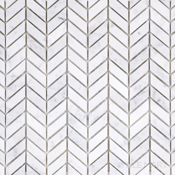 Top-down view of White Carrara Marble mini chevron polished mosaic, featuring sleek small zigzag patterns with a bright reflective surface