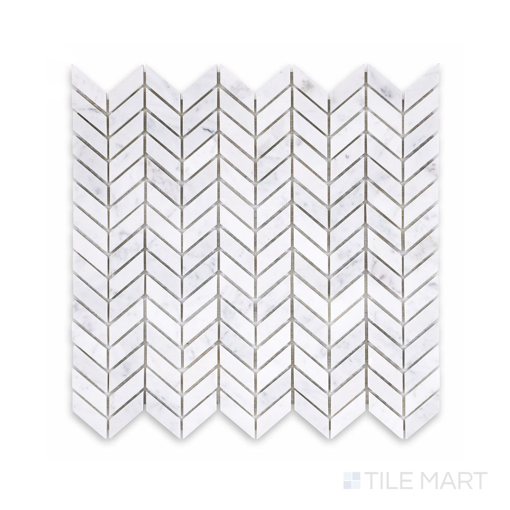Sheet view of White Carrara Marble mini chevron polished mosaic featuring tiny glossy marble tiles arranged in a bold chevron pattern