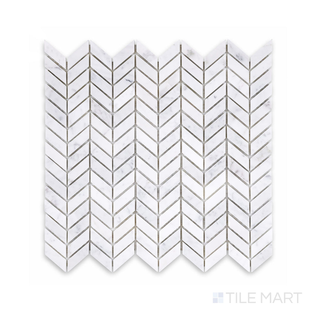 Sheet view of White Carrara Marble mini chevron polished mosaic featuring tiny glossy marble tiles arranged in a bold chevron pattern