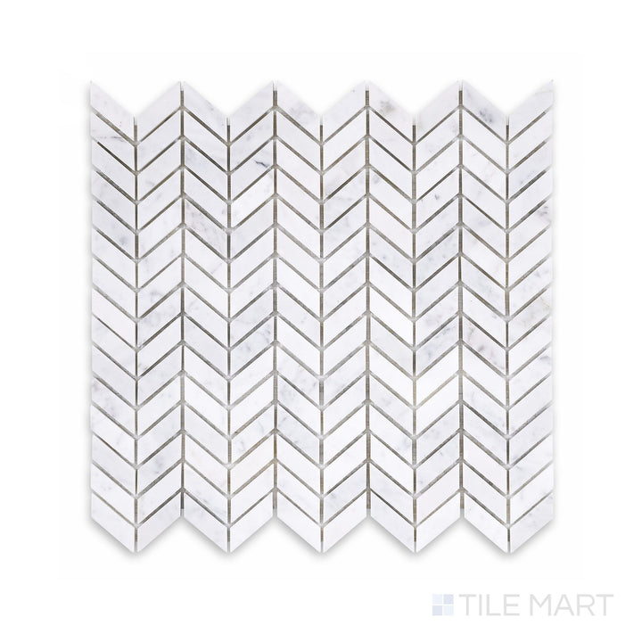 Sheet view of White Carrara Marble mini chevron polished mosaic featuring tiny glossy marble tiles arranged in a bold chevron pattern