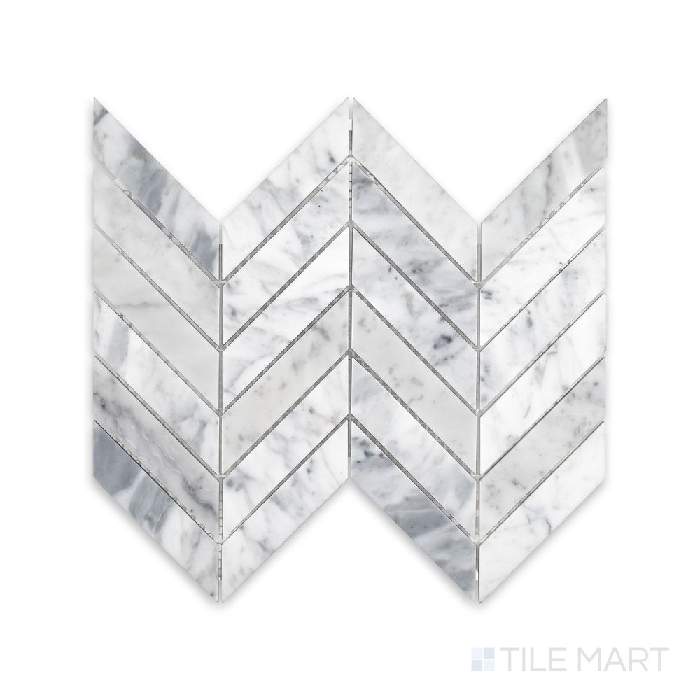 Product layout of White Carrara Marble 1x4 chevron honed mosaic displaying long matte marble tiles set in a dynamic zigzag pattern