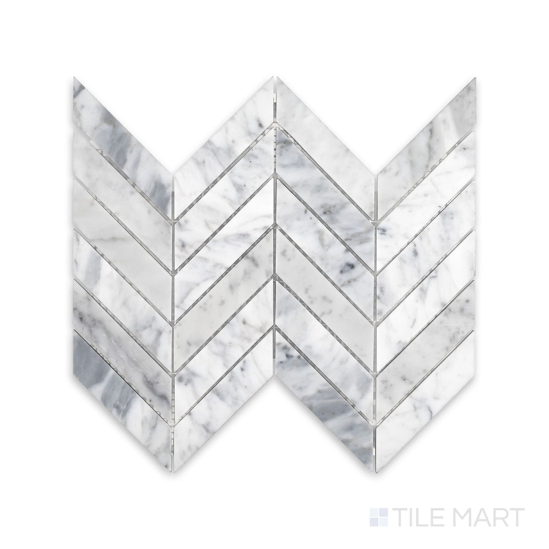 Product layout of White Carrara Marble 1x4 chevron honed mosaic displaying long matte marble tiles set in a dynamic zigzag pattern