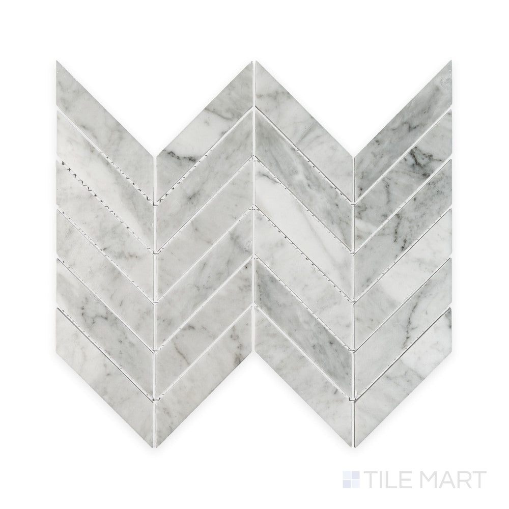 Complete view of White Carrara Marble 1x4 chevron polished mosaic showcasing polished marble strips forming a crisp chevron layout