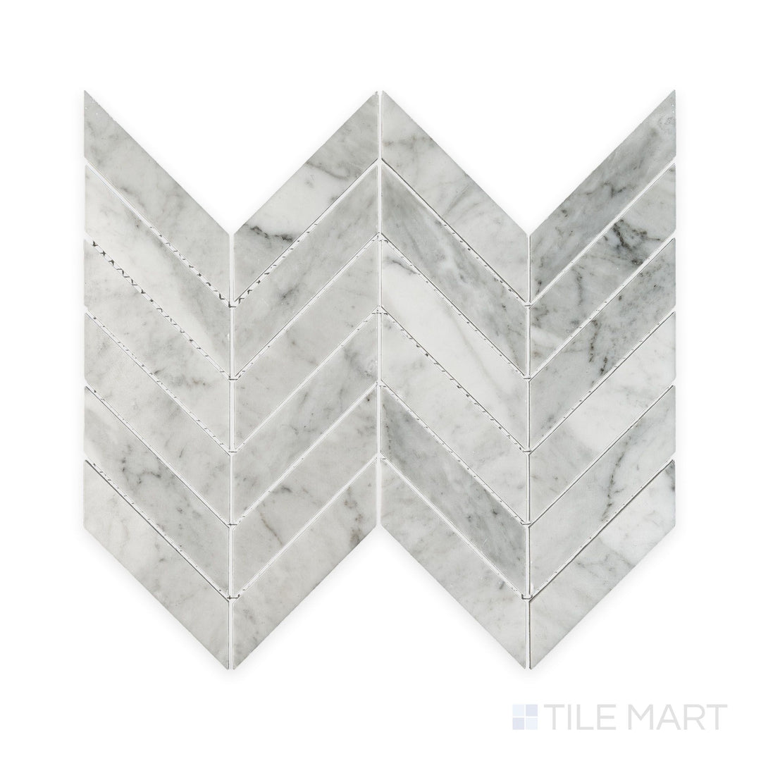 Complete view of White Carrara Marble 1x4 chevron polished mosaic showcasing polished marble strips forming a crisp chevron layout