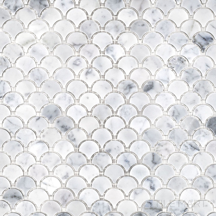 Overhead shot of White Carrara Marble 1-inch fan honed mosaic, displaying classic fan-shaped marble pieces with a smooth, soft textured finish
