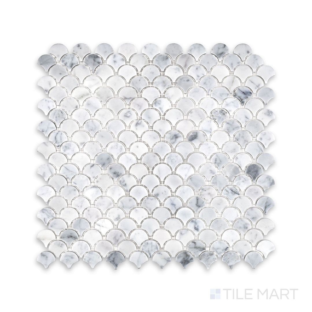 Tile showcase of White Carrara Marble 1" fan honed mosaic featuring small matte marble tiles arranged in an elegant fan pattern
