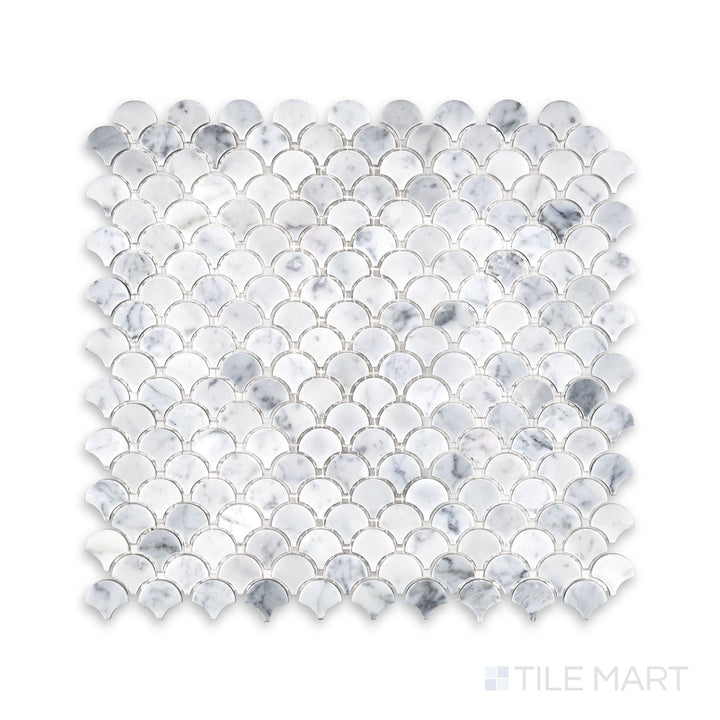 Tile showcase of White Carrara Marble 1" fan honed mosaic featuring small matte marble tiles arranged in an elegant fan pattern