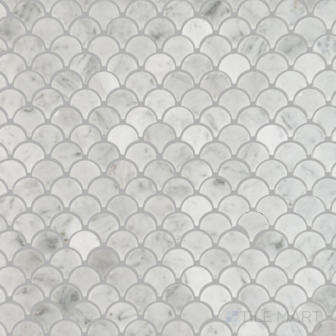 Top-down image showing White Carrara Marble 1-inch fan polished mosaic, featuring bright polished marble fans arranged in a graceful arch pattern