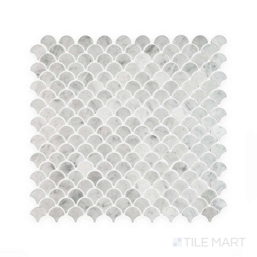 Mosaic display of White Carrara Marble 1" fan polished mosaic highlighting shiny marble fan shapes for a graceful, decorative wall or floor design