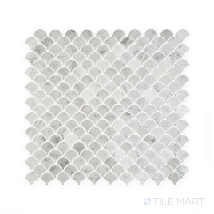 Mosaic display of White Carrara Marble 1" fan polished mosaic highlighting shiny marble fan shapes for a graceful, decorative wall or floor design