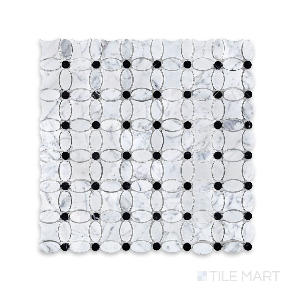 Mosaic display of White Carrara Marble flower mosaic with Negro Marquina honed accents featuring soft matte marble petals and dark center details