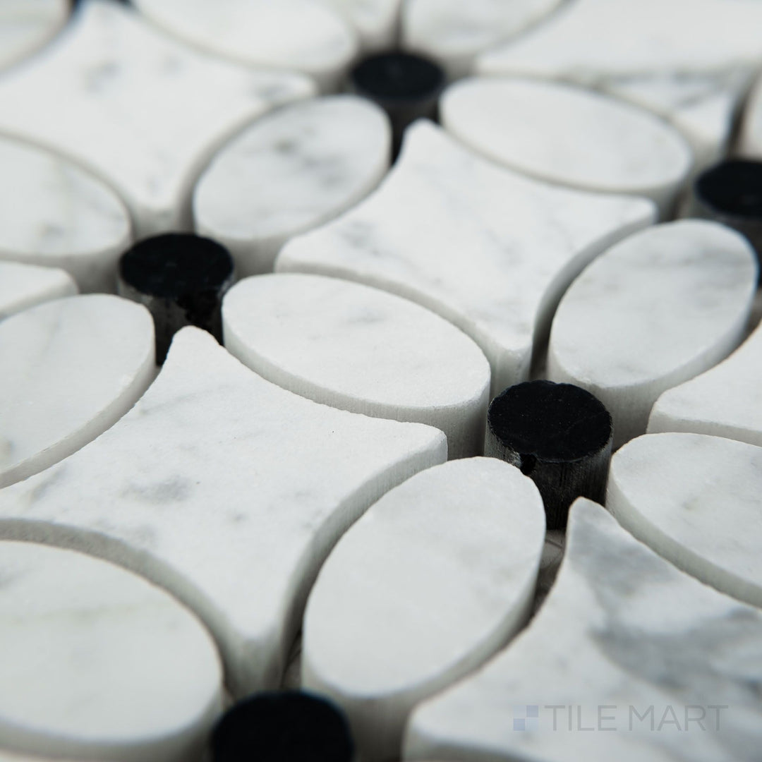 Corner view of White Carrara Marble flower mosaic with Negro Marquina honed finish showcasing delicate matte marble floral patterns