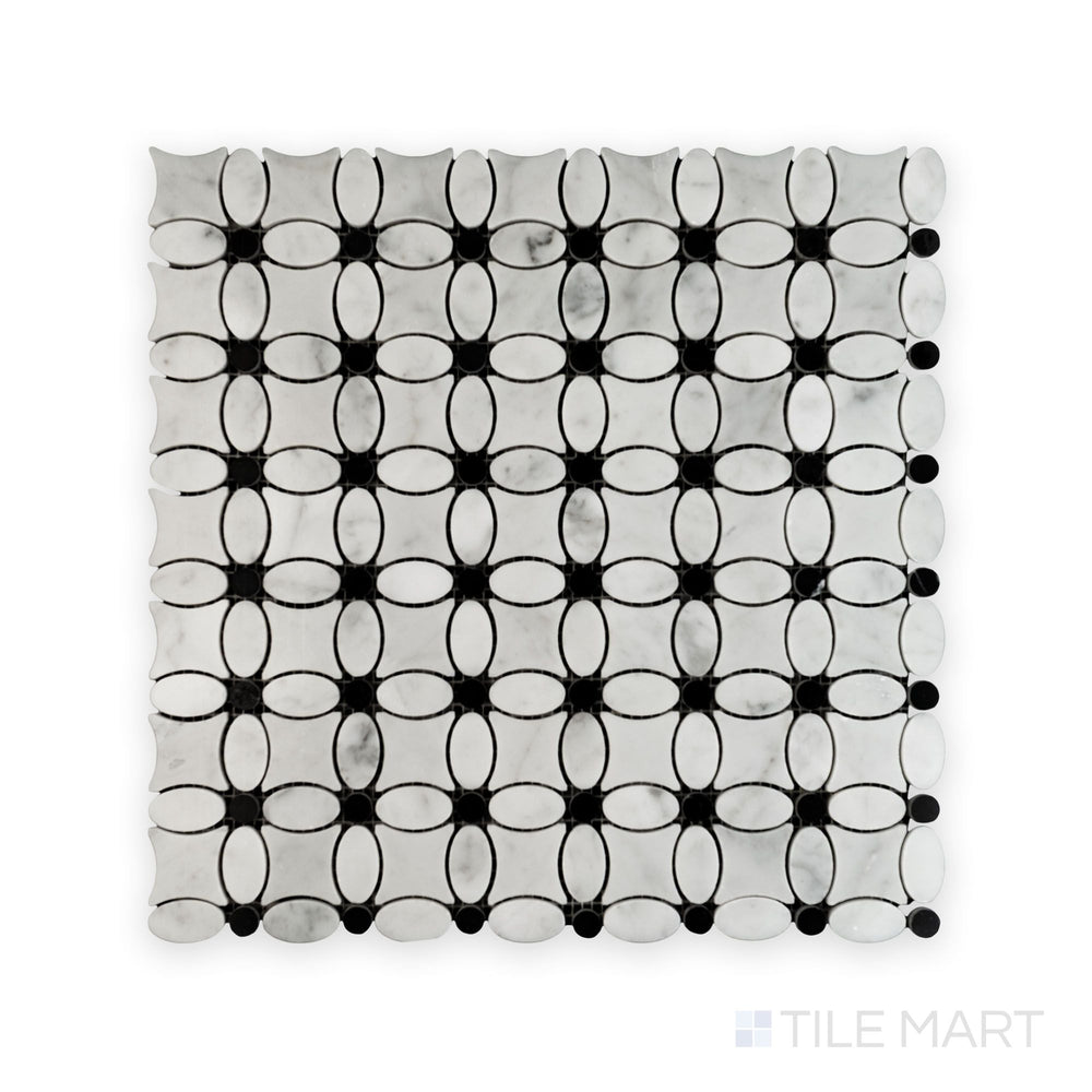 Full shot of White Carrara Marble flower mosaic with Negro Marquina polished accents showing glossy marble petals with deep black centers