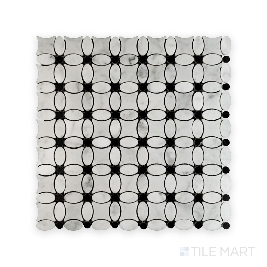 Full shot of White Carrara Marble flower mosaic with Negro Marquina polished accents showing glossy marble petals with deep black centers