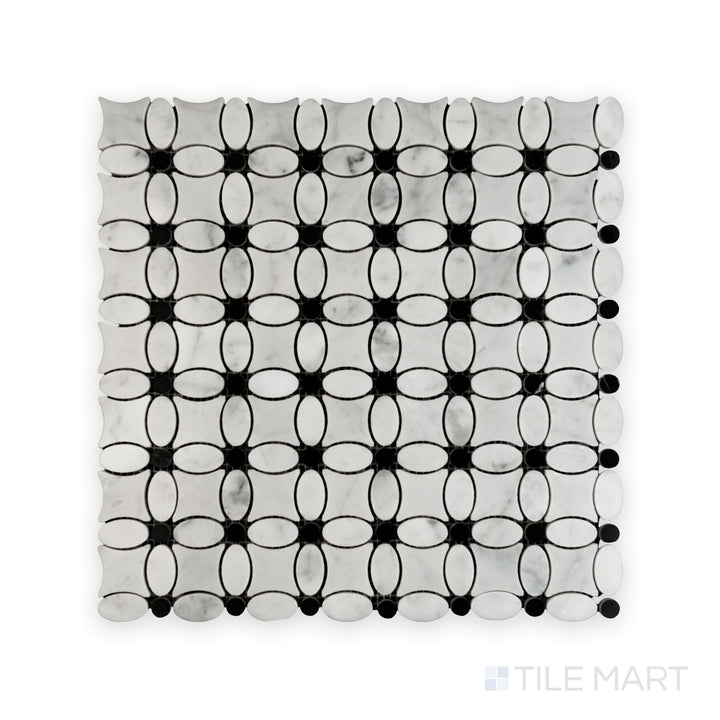 Full shot of White Carrara Marble flower mosaic with Negro Marquina polished accents showing glossy marble petals with deep black centers