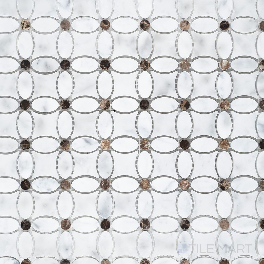 White Carrara Marble Flower mosaic with Emperador Dark accents in honed finish shown in a grouped tile view to capture floral composition.