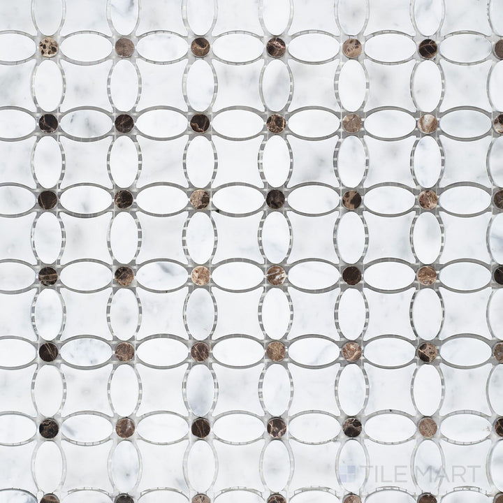 White Carrara Marble Flower mosaic with Emperador Dark accents in honed finish shown in a grouped tile view to capture floral composition.