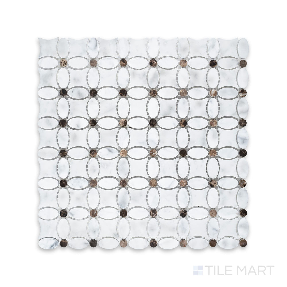 Elegant floral pattern captured from above featuring White Carrara Marble with Emperador Dark honed accents, a luxurious choice for upscale interiors.